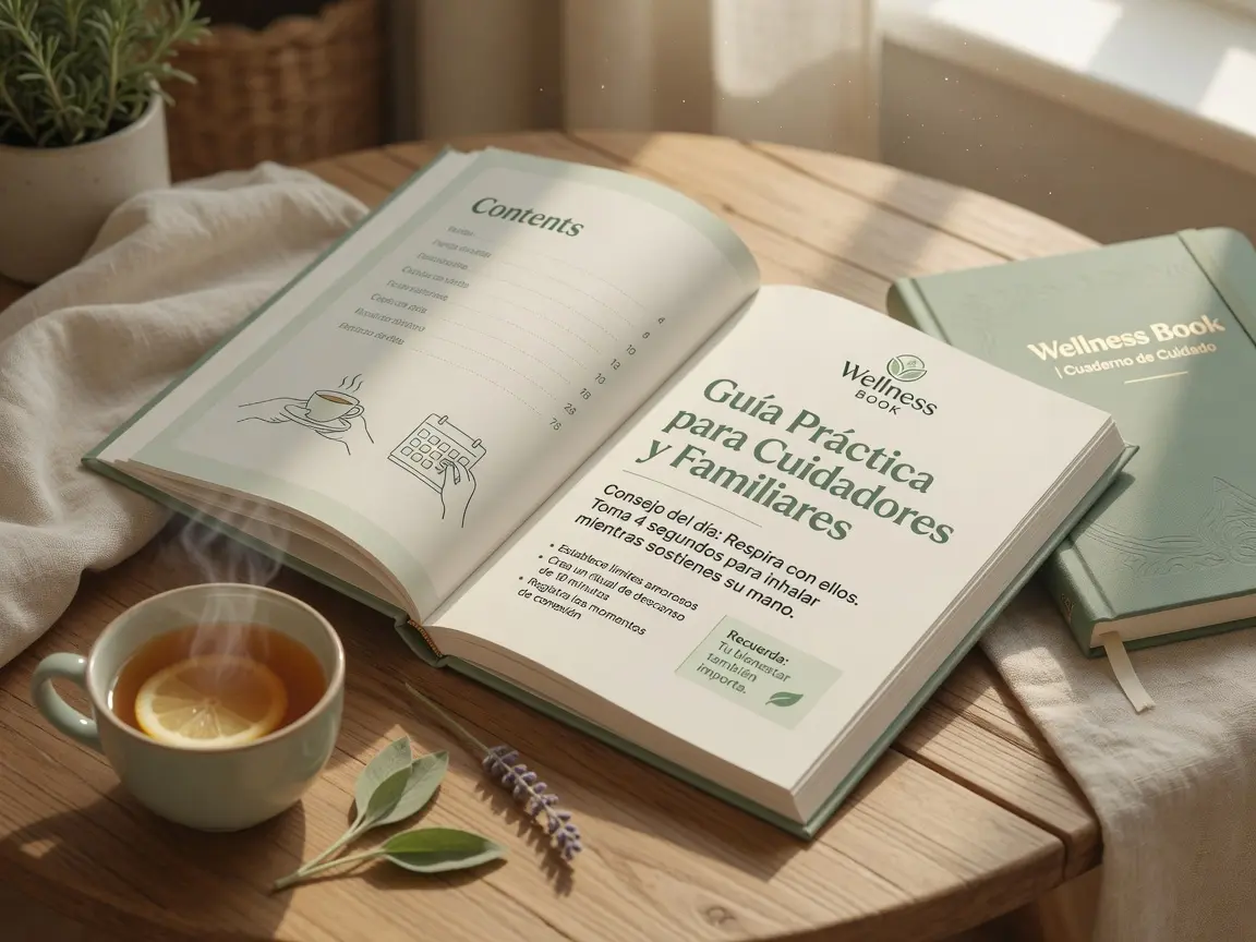 La Guía Práctica para Cuidadores y Familiares de Wellness Book abierta sobre una mesa