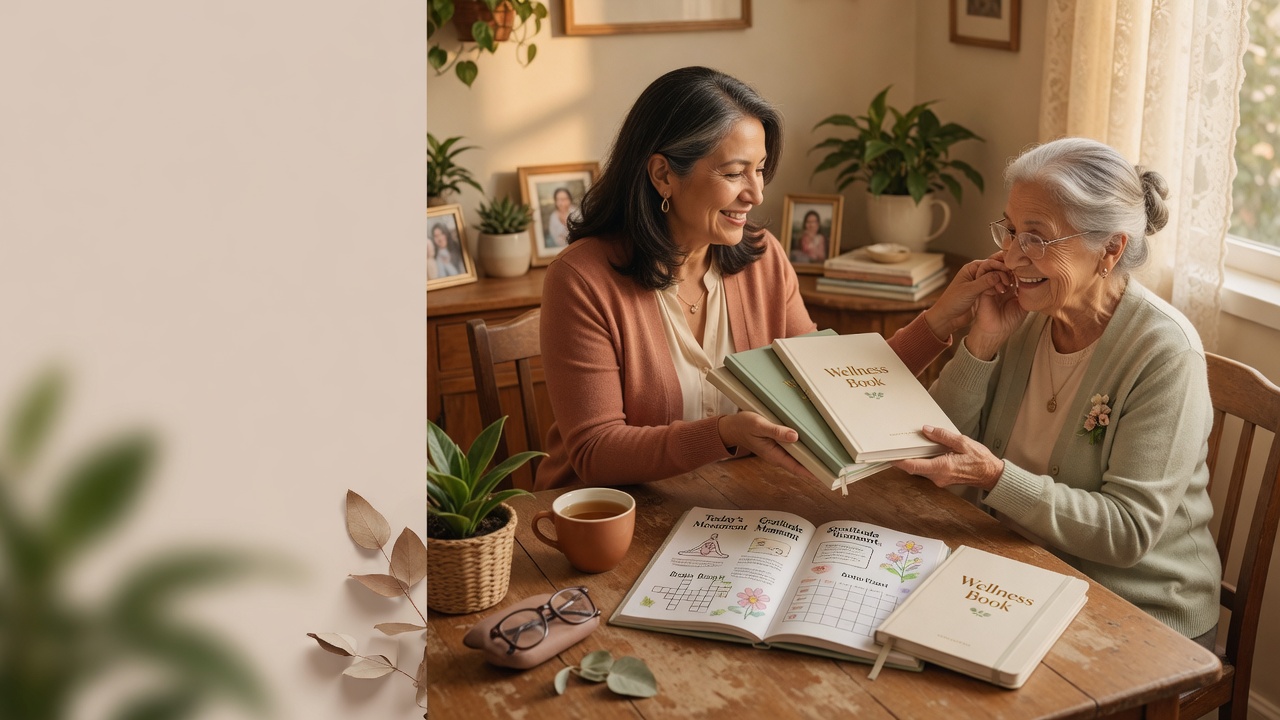 Una hija entrega los cuadernos Wellness Book a su madre mayor en casa; ambas sonríen en la mesa con té y actividades impresas