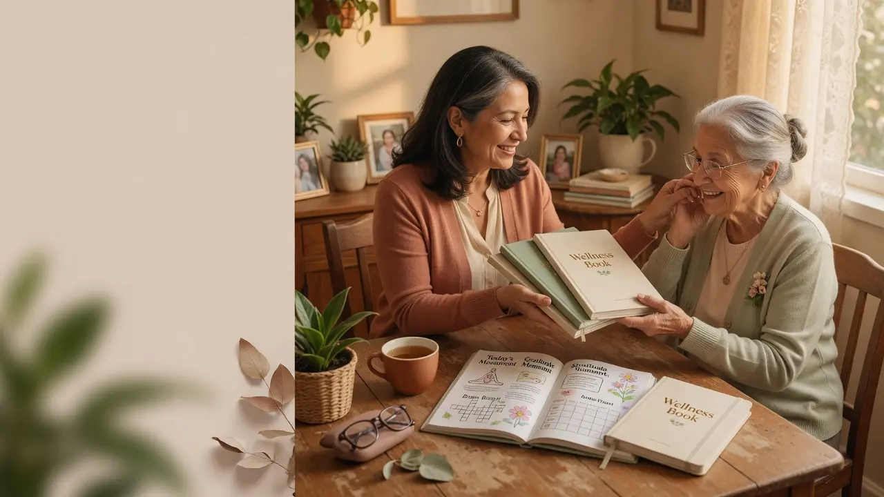 Una hija entrega los cuadernos Wellness Book a su madre mayor; ambas sonríen en la mesa
