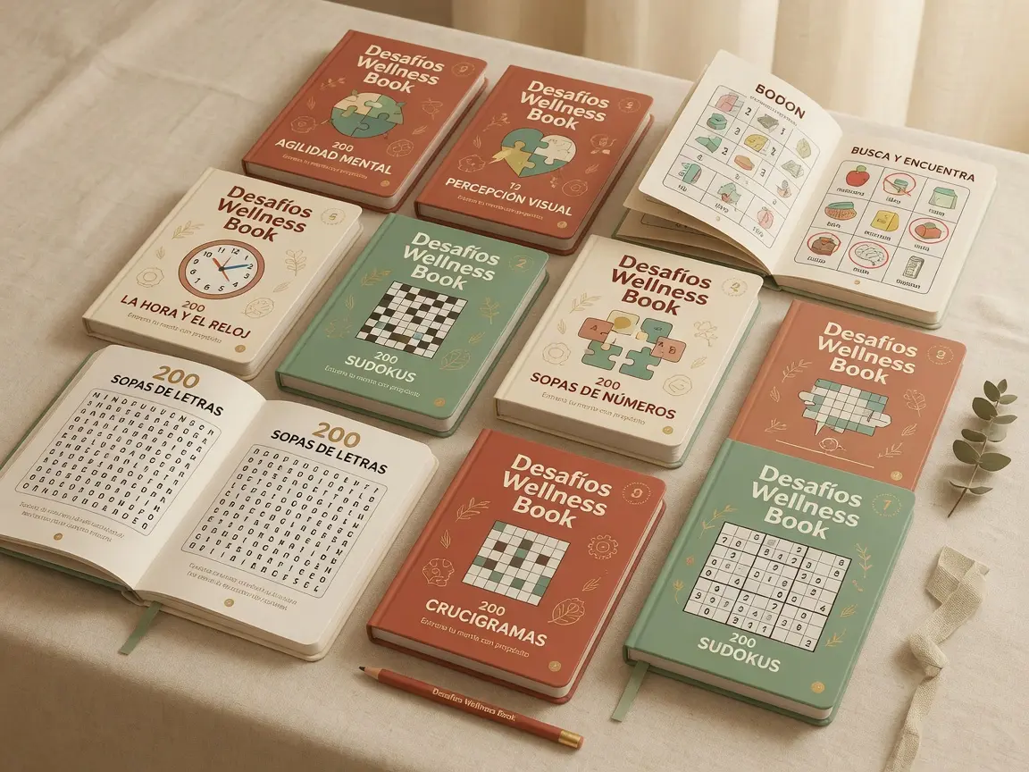 Colección de 9 Cuadernos de Desafíos Wellness: sopas de letras, sudokus, crucigramas
