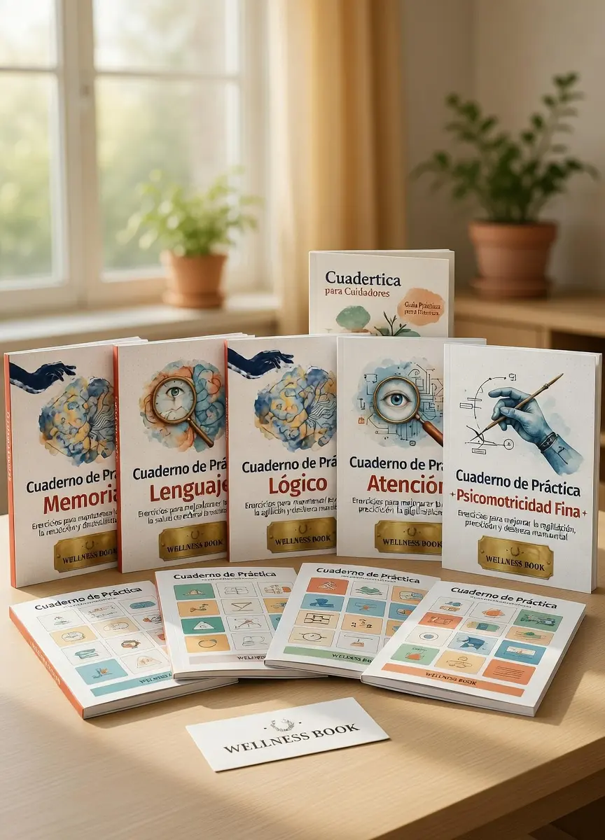 Las portadas reales de los cinco Cuadernos de Práctica de Wellness Book junto a la Guía para Cuidadores