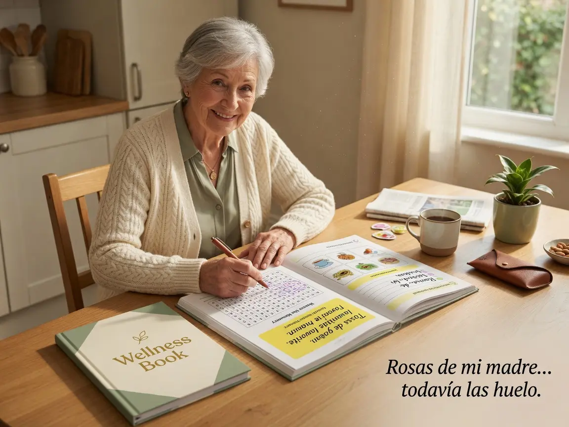 Señora mayor sonriente y orgullosa trabajando sola en su cuaderno Wellness Book