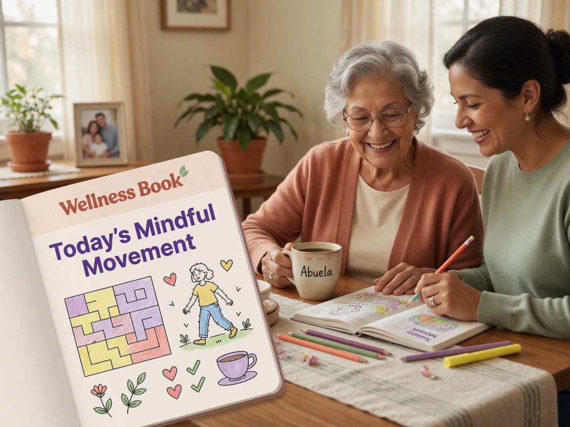 Madre mayor e hija haciendo juntas un ejercicio del cuaderno Wellness Book en la mesa, sonriendo con tazas de café