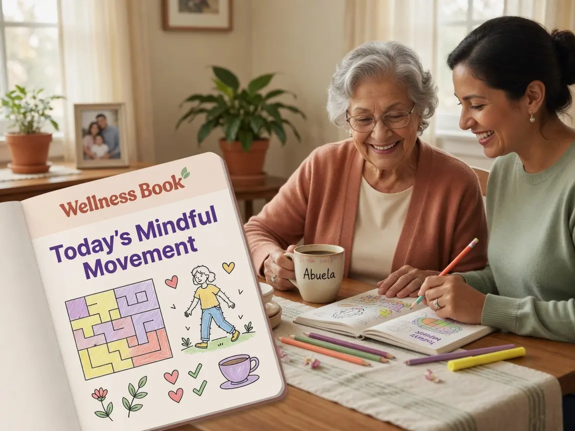 Madre e hija haciendo juntas un ejercicio del cuaderno Wellness Book en la mesa